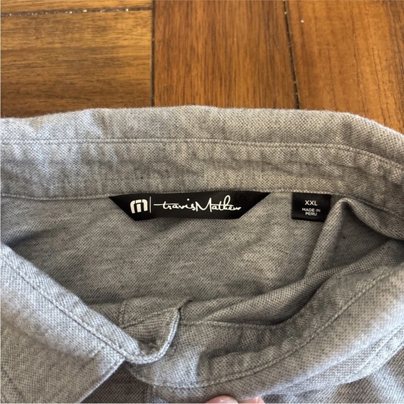 Travis Mathew Polo Shirt Hawaiian Palm Stripe Gray Blue Golf Performance Sz 2XL - Picture 8 of 13